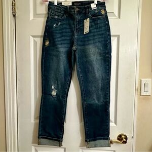 Judy Blue Floral Embroidered Relaxed Fit Boyfriend Jeans - Medium Blue